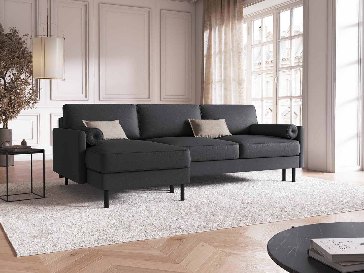 Stylisches Scott Ecksofa in Dunkelgrau mit Schlaffunktion und Stauraum, ideal für moderne Wohnräume und gemütliche Nächte.