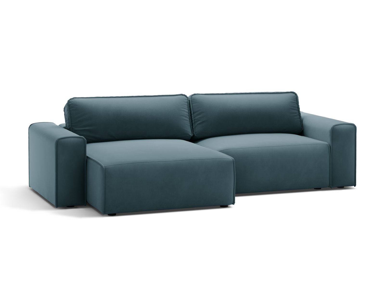 Elegantes 3-Sitzer Ecksofa Victor in Blau mit Schlaffunktion und praktischem Stauraum, ideal für moderne Wohnräume.
