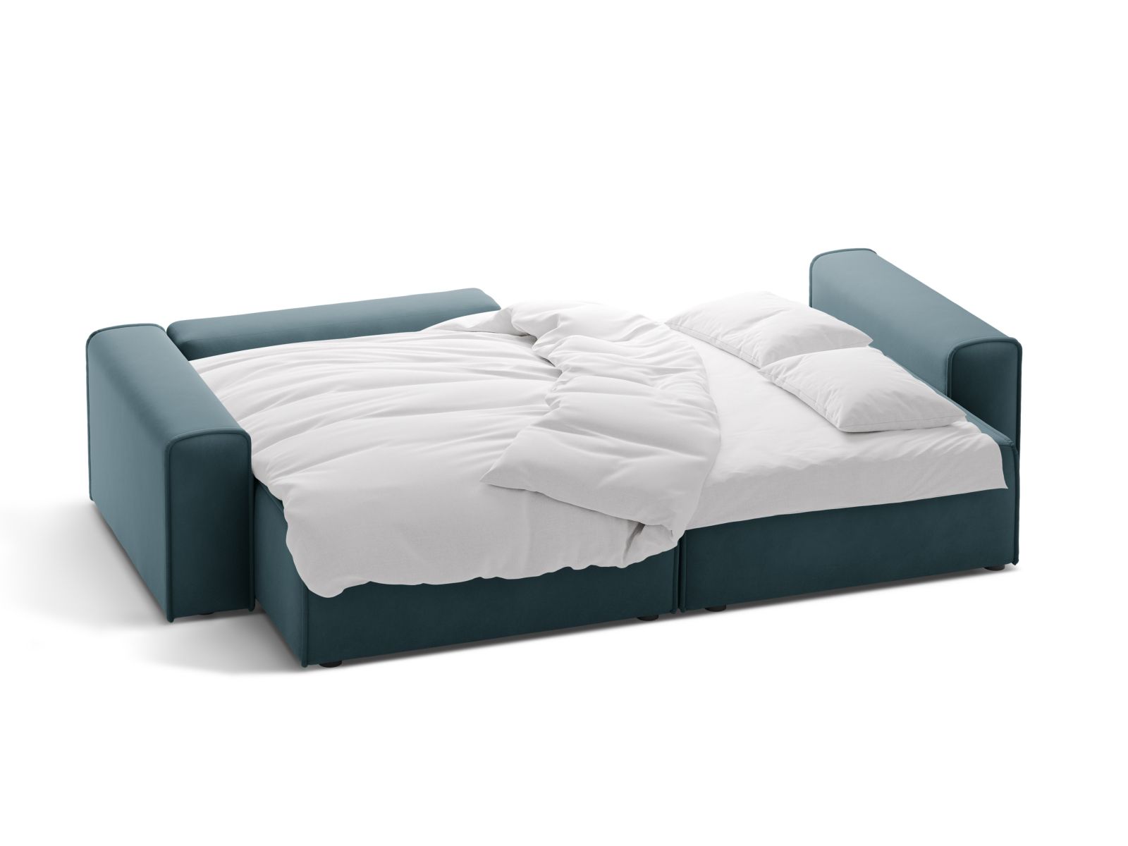 Stylisches Ecksofa Victor in Blau, bietet Platz für drei, verwandelt sich in ein Bett und bietet zusätzlichen Stauraum für Ihre Bedürfnisse.