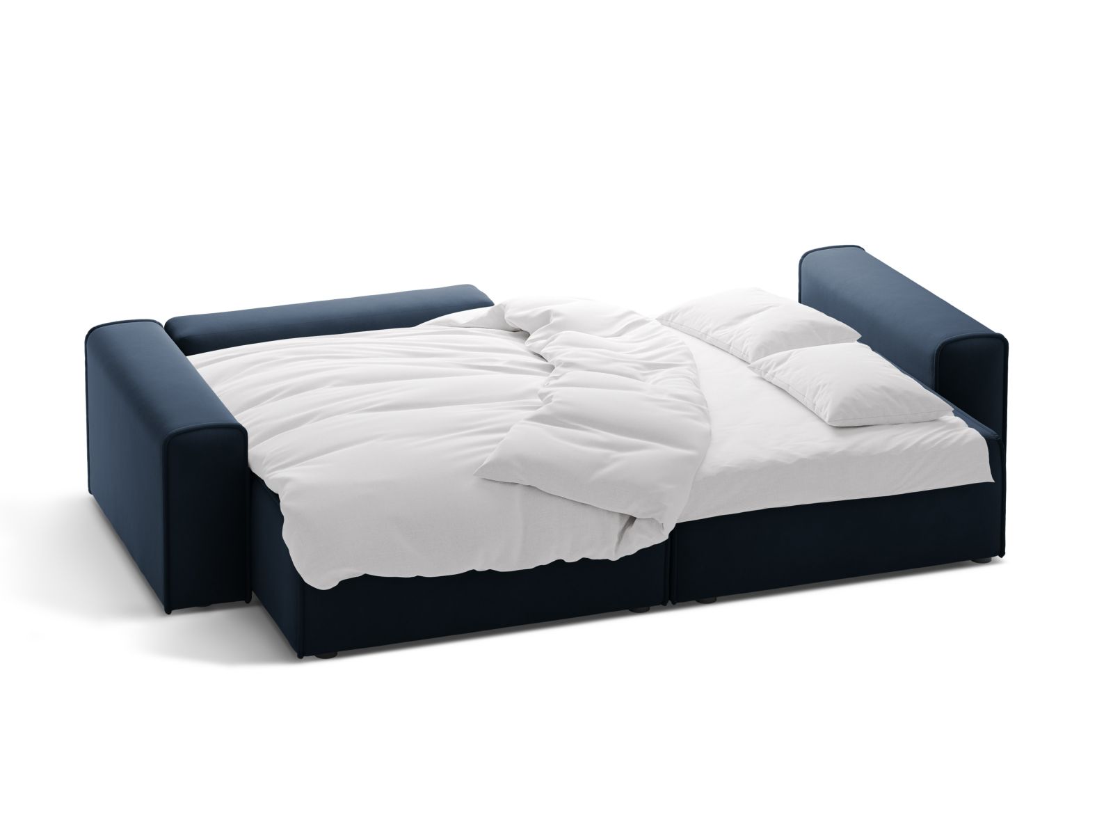 Stylisches 3-Sitzer Ecksofa Victor in tiefem Blau, bietet eine komfortable Schlaffunktion und cleveren Stauraum für Ihr Zuhause.