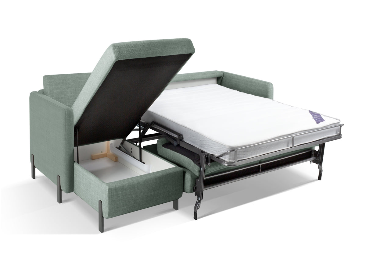 Gloria Ecksofa links mit Schlaffunktion und Stauraum 4 Sitzer in Mint-Bjorn präsentiert im Onlineshop von KAQTU Design AG. Bettsofa links ist von Micadoni
