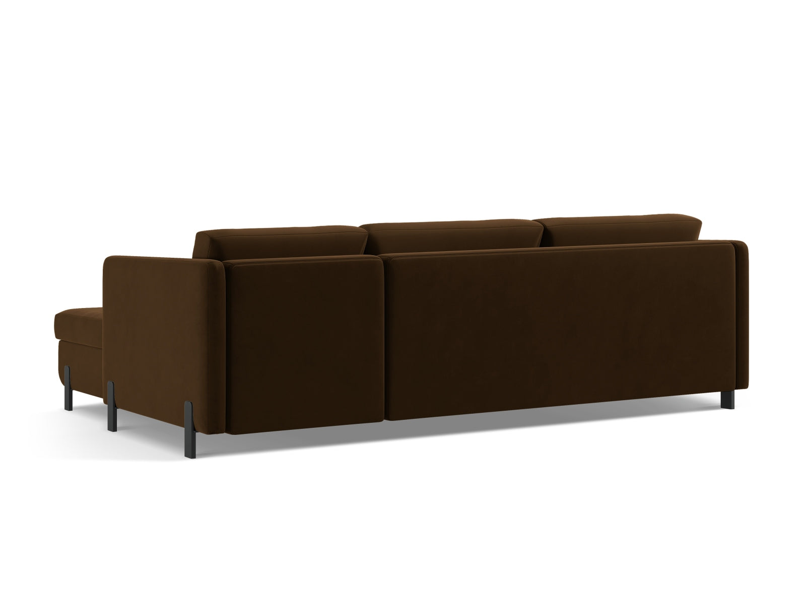 Elegantes linksseitiges Ecksofa Gloria Velour in warmem Braun, ideal für Schlafkomfort und zusätzlichen Stauraum in Ihrem Wohnraum.