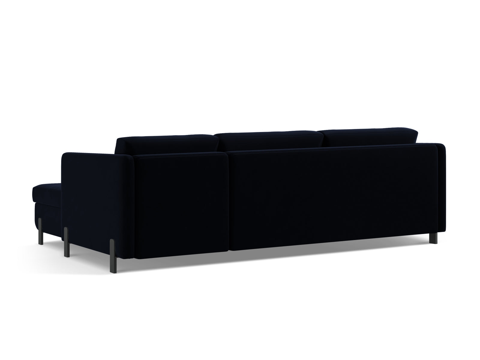 Elegantes linksseitiges Ecksofa Gloria Velour in Royal Blue, ideal für entspannte Abende und mit cleverem Stauraum für zusätzlichen Komfort.