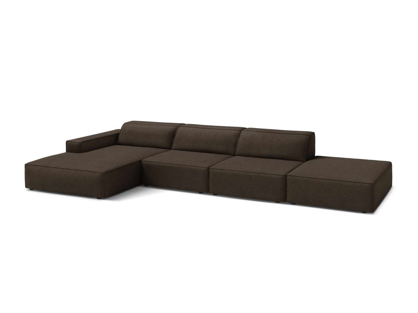 Elegantes Jodie Boucle Ecksofa links, 5-Sitzer in stilvollem Braun, ideal für moderne Wohnräume, erhältlich bei KAQTU Design AG.