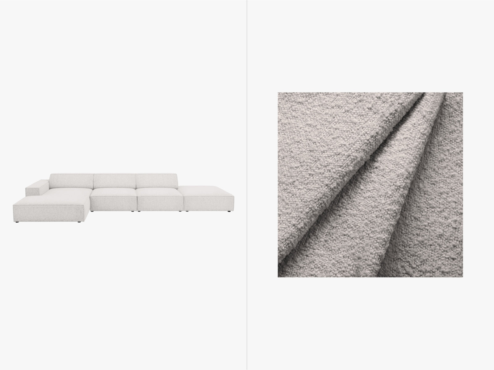 Modernes Jodie Boucle Ecksofa links, 5-Sitzer in zartem Creme, perfekt für gemütliche und stilvolle Wohnlandschaften.