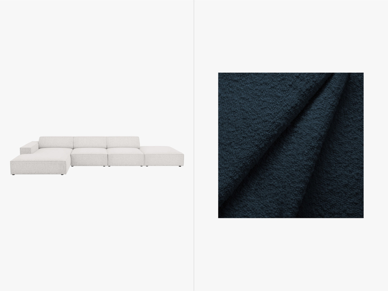 Elegantes, modulares 5-Sitzer Ecksofa Jodie Boucle links in sanftem Creme, ideal für stilvolle und einladende Wohnräume.