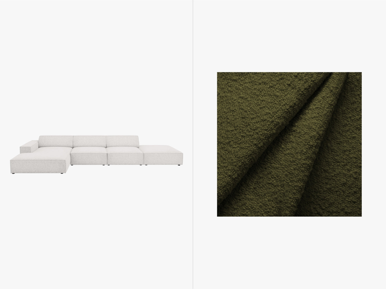 Modulares 5-Sitzer Ecksofa Jodie Boucle links in zartem Creme, perfekt für moderne Wohnkonzepte und gemütliche Entspannungsecken.