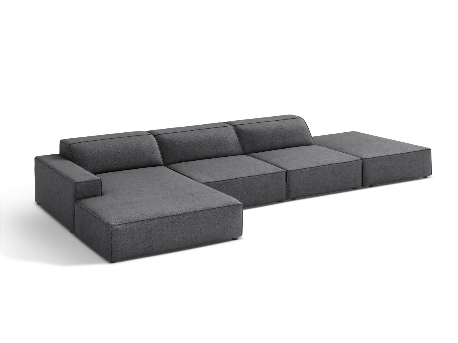 Elegantes, modulares 5-Sitzer Ecksofa Jodie Boucle links in stilvollem Dunkelgrau, ideal für modernes Wohnen und entspannte Stunden.