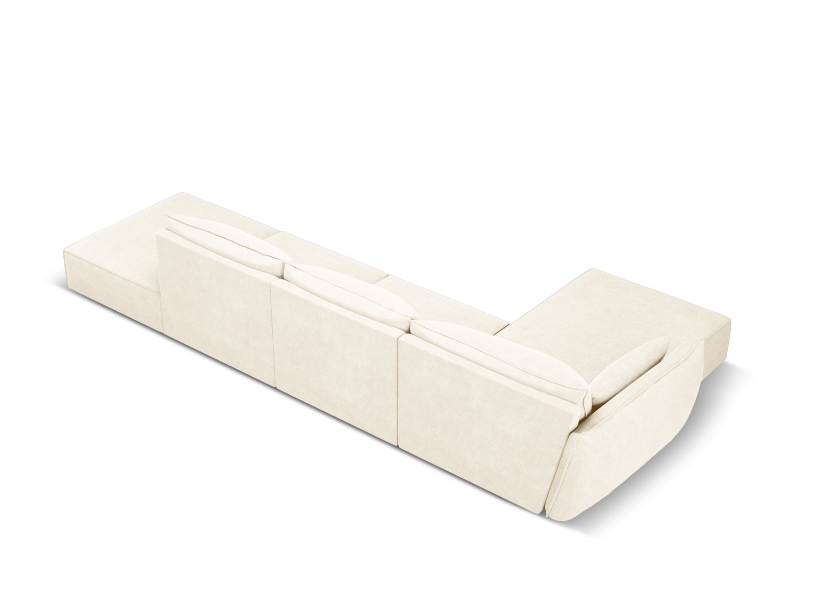 Elegantes Kaelle Ecksofa links, 5-Sitzer in sanftem Beige, perfekt für stilvolle Wohnzimmer und gemütliche Entspannung.