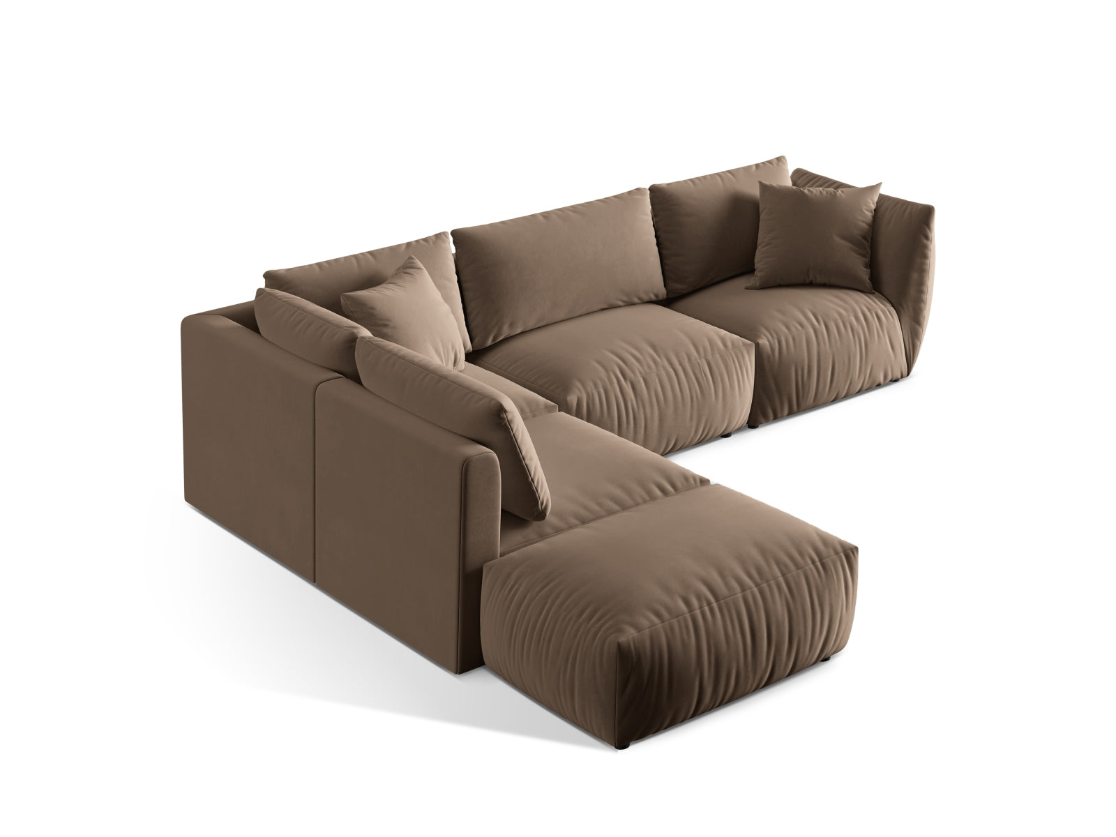 Modulares Chris Velour Ecksofa links in sanftem Braun, perfekt für gemütliche Wohnzimmer und bietet Platz für bis zu 4 Personen.