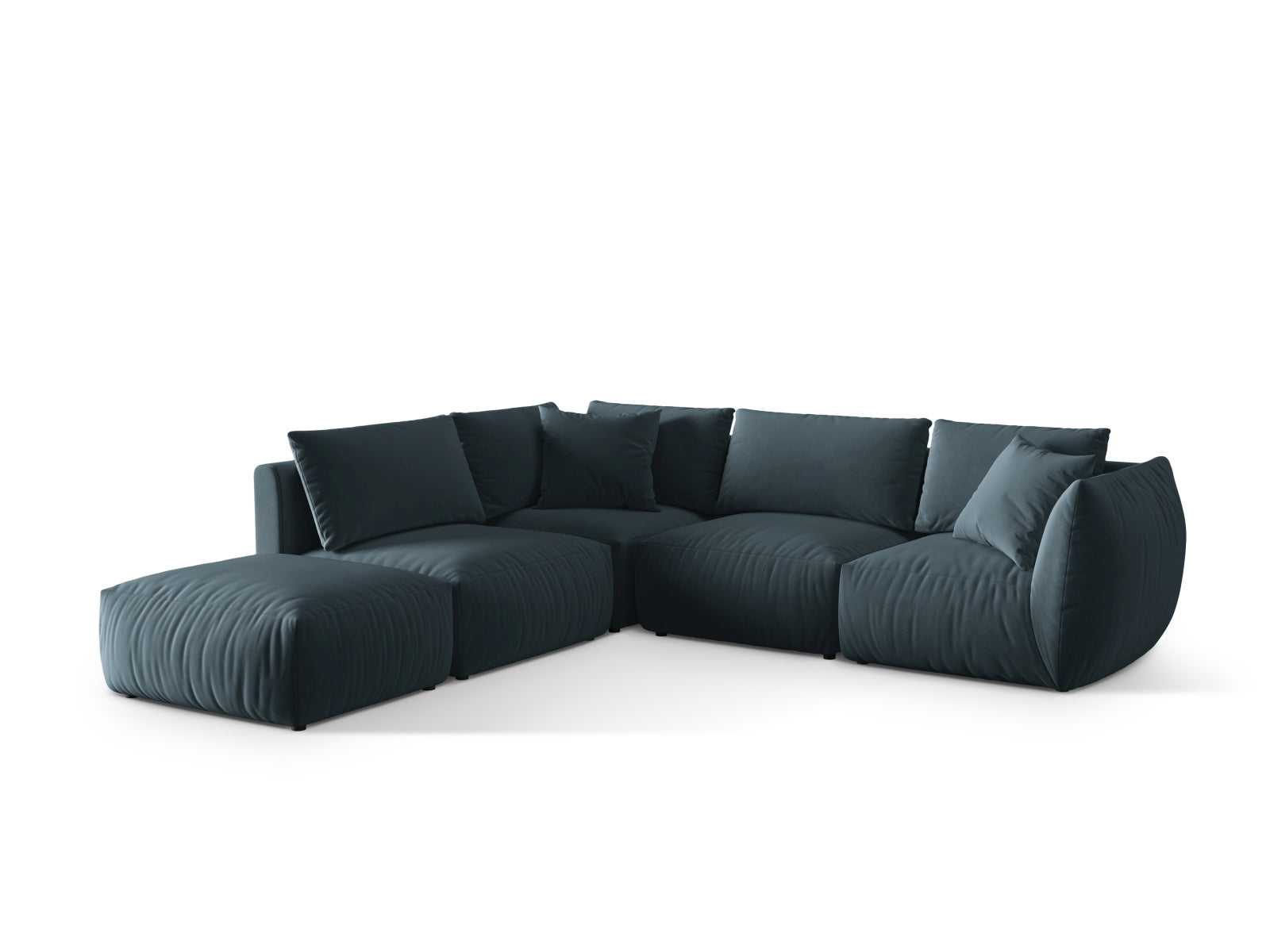 Elegantes Chris Velour Ecksofa links in Pastellblau, ideal für stilvolle Wohnräume. Modular und komfortabel, perfekt für entspannte Abende.