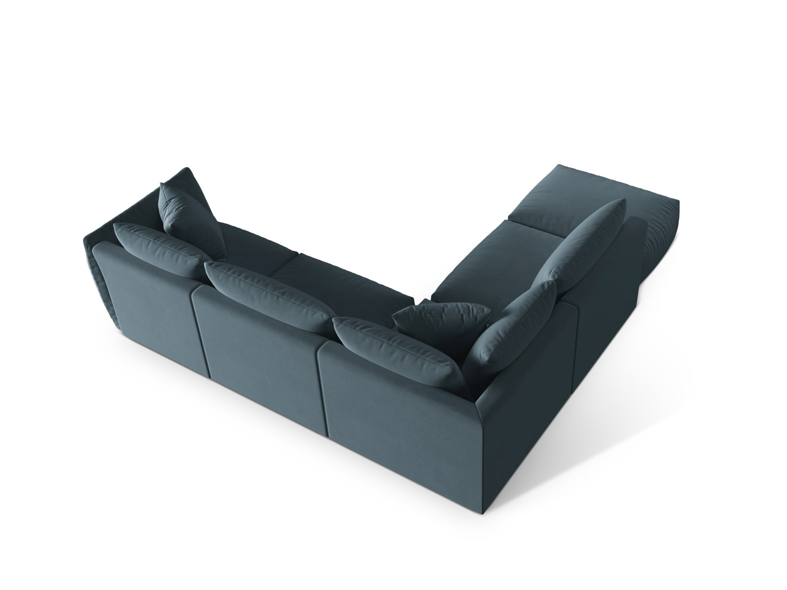 Elegantes Chris Velour Ecksofa links in zartem Pastellblau, ideal für moderne Wohnräume und gemütliche Stunden.