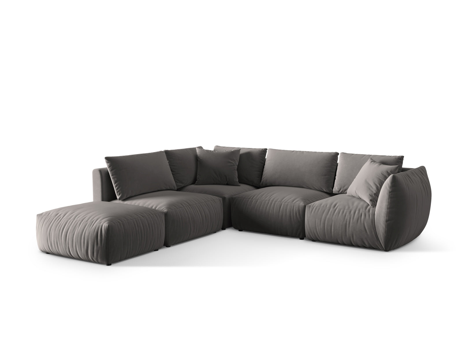 Stylisches Chris Velour Modular Ecksofa links, 4-Sitzer in elegantem Grau, ideal für moderne Wohnräume, erhältlich bei KAQTU Design AG.