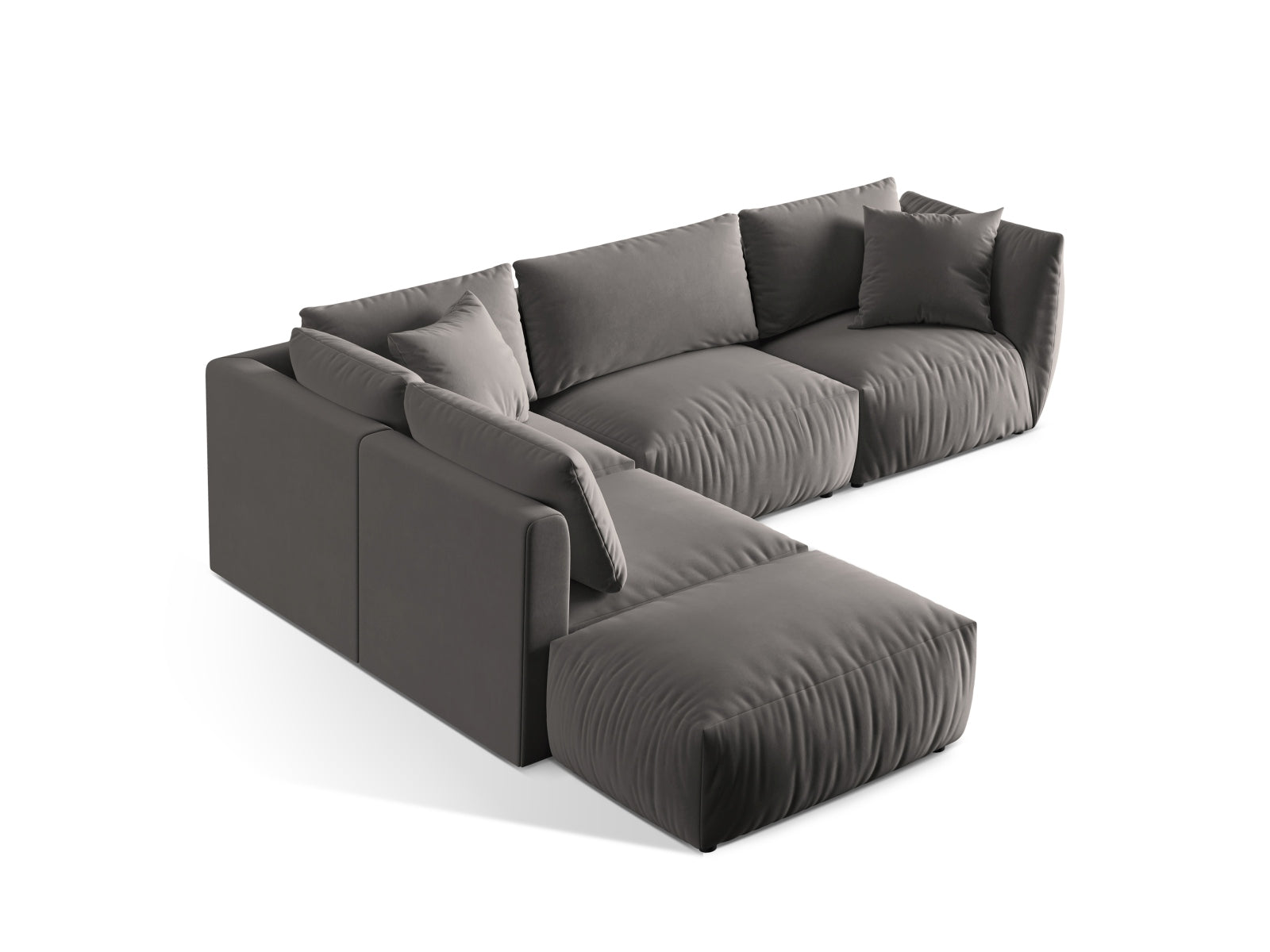 Elegantes Chris Velour Ecksofa links, 4-Sitzer in stilvollem Grau, perfekt für zeitgemäße Wohnkonzepte, erhältlich bei KAQTU Design AG.