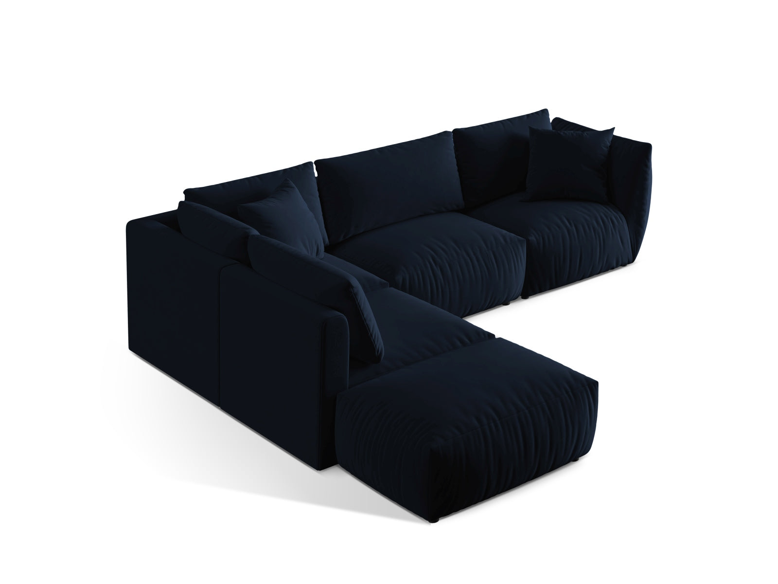Modulares Chris Velour Ecksofa links in Royal Blue-Casino, perfekt für moderne Wohnzimmer, bietet Komfort und Stil von Micadoni.