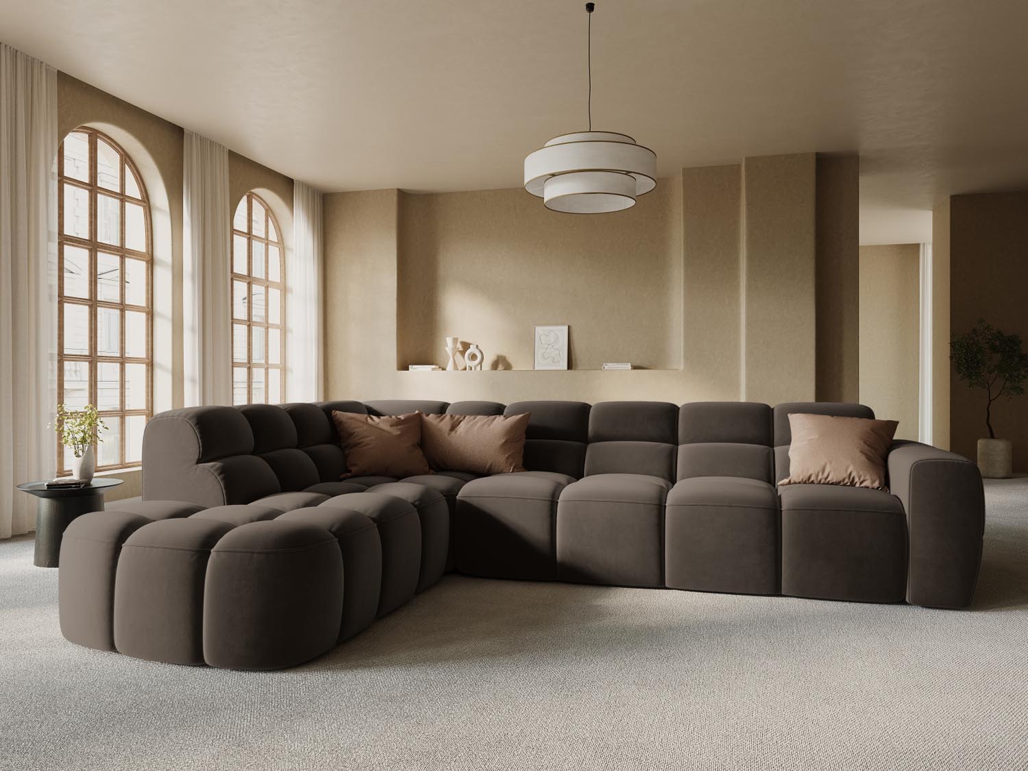 Erleben Sie das stilvolle Lisa Velour links Ecksofa 5 Sitzer von Micadoni. Perfekt für Ihr Wohnzimmer, vereint es modernen Komfort mit elegantem Design.