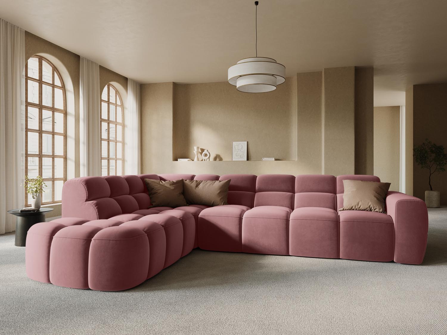 Erleben Sie das stilvolle Lisa Velour links Ecksofa 5 Sitzer von Micadoni. Perfekt für Ihr Wohnzimmer, vereint es modernen Komfort mit elegantem Design.