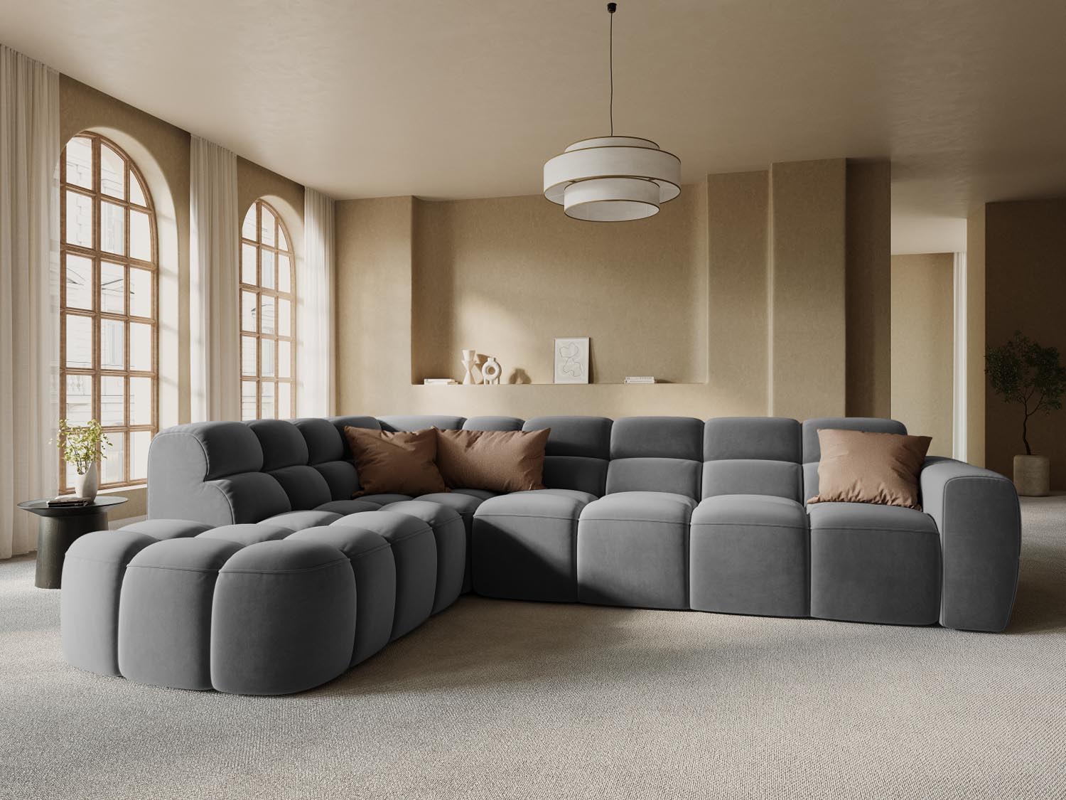 Erleben Sie das stilvolle Lisa Velour links Ecksofa 5 Sitzer von Micadoni. Perfekt für Ihr Wohnzimmer, vereint es modernen Komfort mit elegantem Design.
