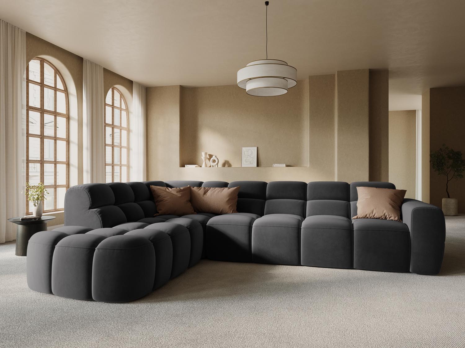 Erleben Sie das stilvolle Lisa Velour links Ecksofa 5 Sitzer von Micadoni. Perfekt für Ihr Wohnzimmer, vereint es modernen Komfort mit elegantem Design.