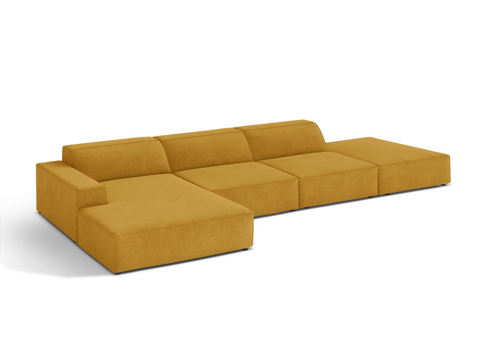 Modulares 5-Sitzer Ecksofa Jodie in strahlendem Gelb, ideal für stilvolle Wohnzimmer und gesellige Abende mit Liebsten.
