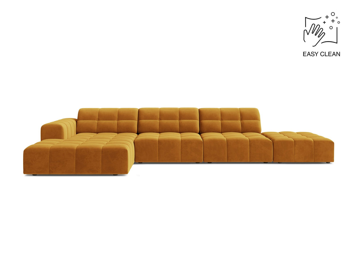 Linkes Ecksofa Jennifer von Micadoni in leichtem Beige mit Bluvel-Stoffbezug, L-Form und schwarzen Kunststoffbeinen aus Polypropylen