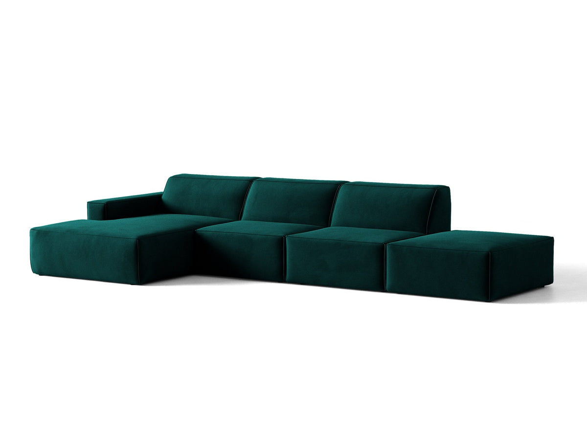 Ecksofa Jodie links von Micadoni in leichtem Beige mit Venus-Samtstoff, schwarzen Kunststoffbeinen und niedriger Rückenlehne.