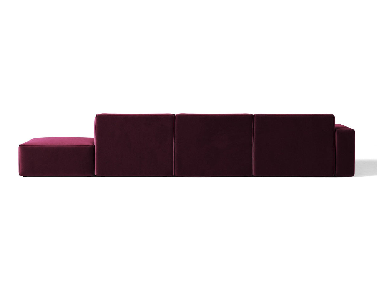 Ecksofa Jodie links von Micadoni in leichtem Beige mit Venus-Samtstoff, schwarzen Kunststoffbeinen und niedriger Rückenlehne.
