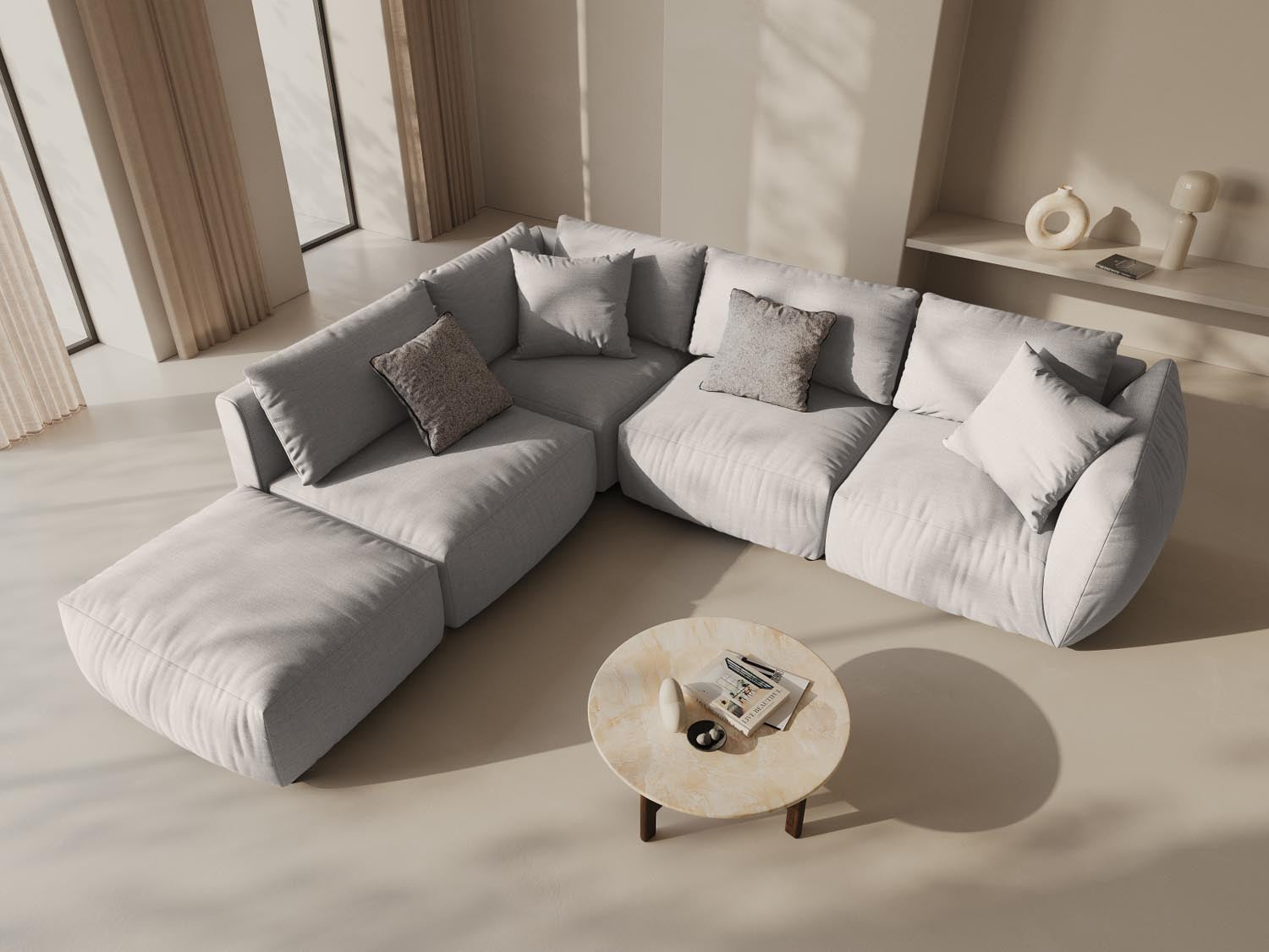 Stylisches, modulares Ecksofa in natürlichem Design, ideal für moderne Wohnräume. Komfortabel und funktional, perfekt für entspannte Abende.