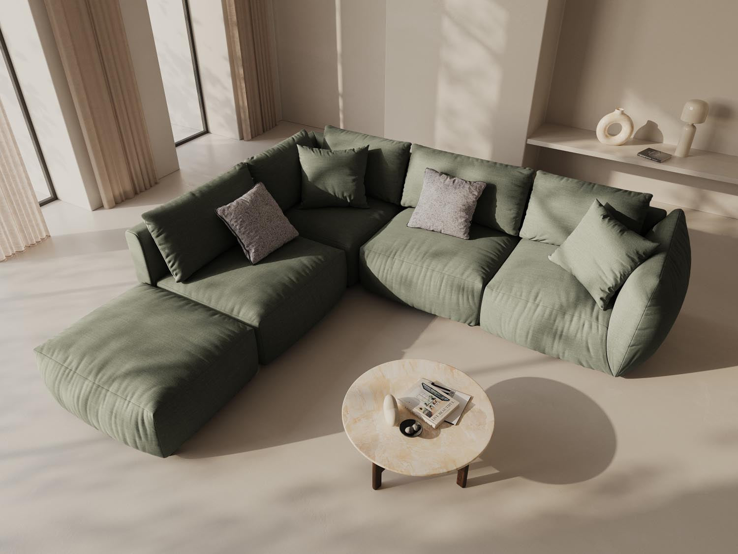 Stylisches, modulares Ecksofa in sanftem Blau, ideal für moderne Wohnräume. Komfortabel und elegant, perfekt für entspannte Abende.