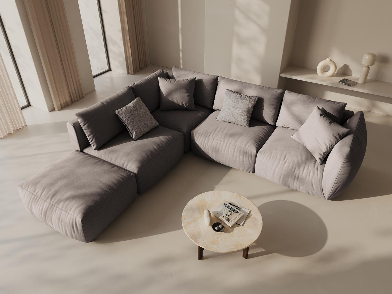 Stylisches, modulares Ecksofa in Warm Grey von Micadoni, ideal für gemütliche Wohnräume. Perfekt für entspannte Abende.