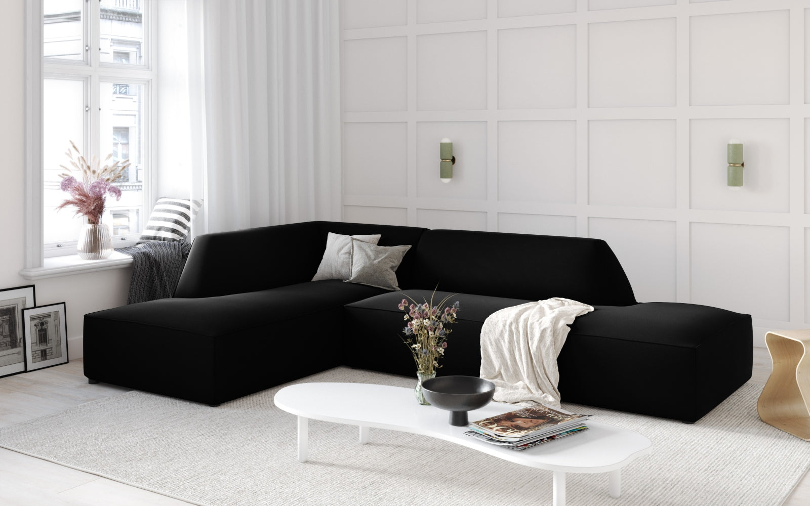 Ruby Velour modulares Ecksofa links 4 Sitzer in Black-Salvador präsentiert im Onlineshop von KAQTU Design AG. Ecksofa links ist von Micadoni