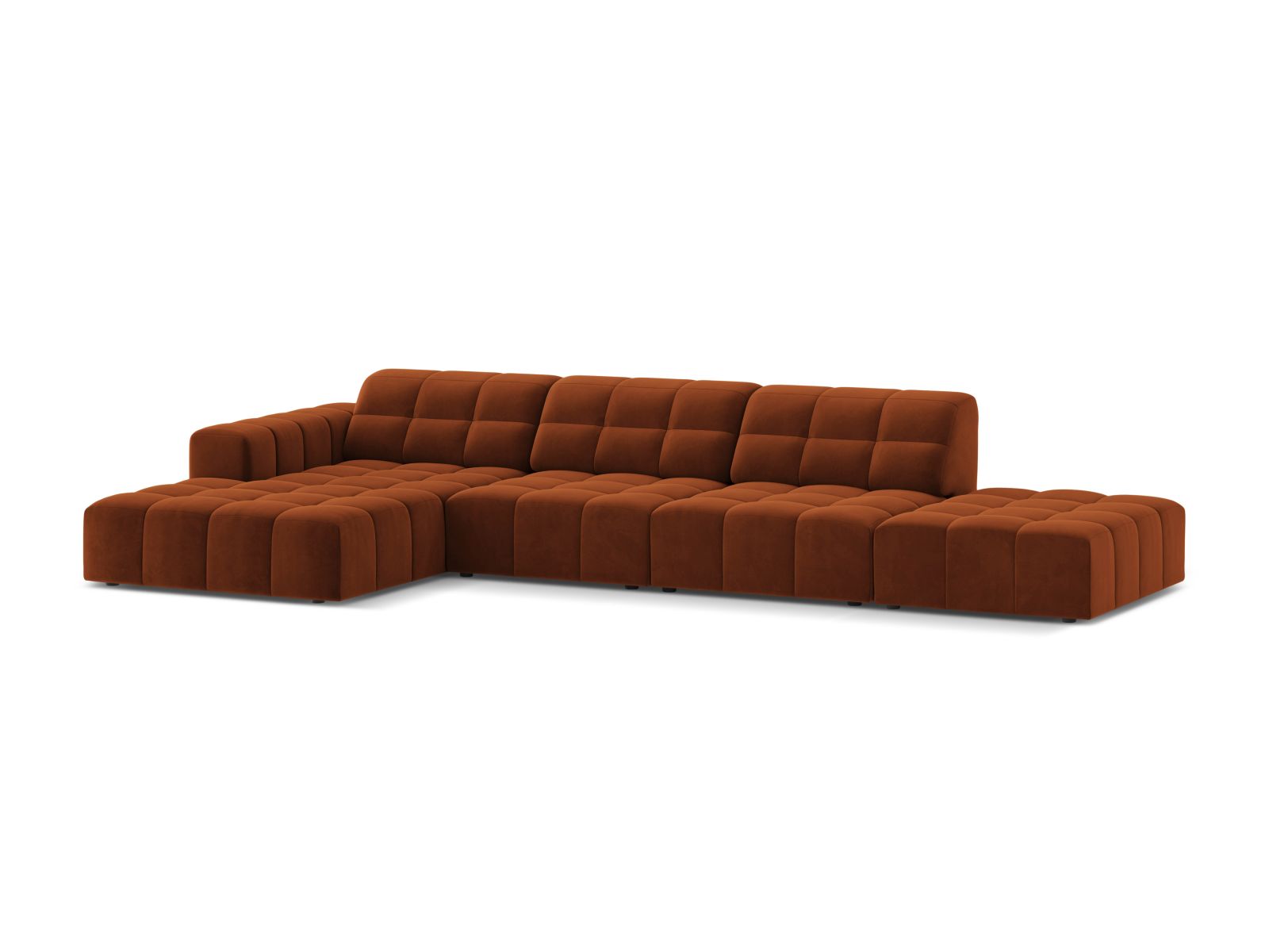 Elegantes 5-Sitzer Ecksofa links Jennifer in warmem Terracotta-Bluvel, ideal für stilvolle Wohnräume und gemütliche Abende.