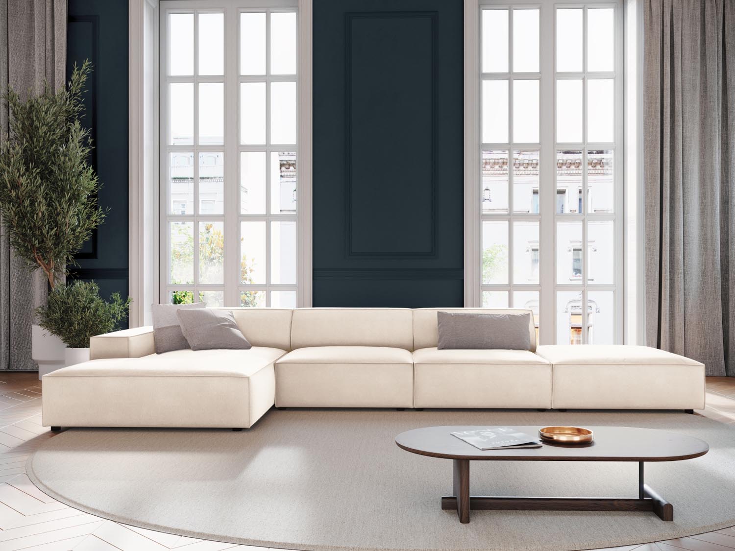 Elegantes, modulares Ecksofa Jodie in Light Beige-Bluvel, ideal für stilvolle Wohnräume. Komfortables 5-Sitzer-Design von Micadoni.