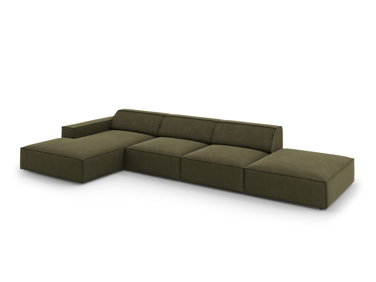Modulares 5-Sitzer Ecksofa Jodie in luxuriösem Velours, linksseitig, in trendigem Green-Bluvel, perfekt für stilvolle Wohnkonzepte.