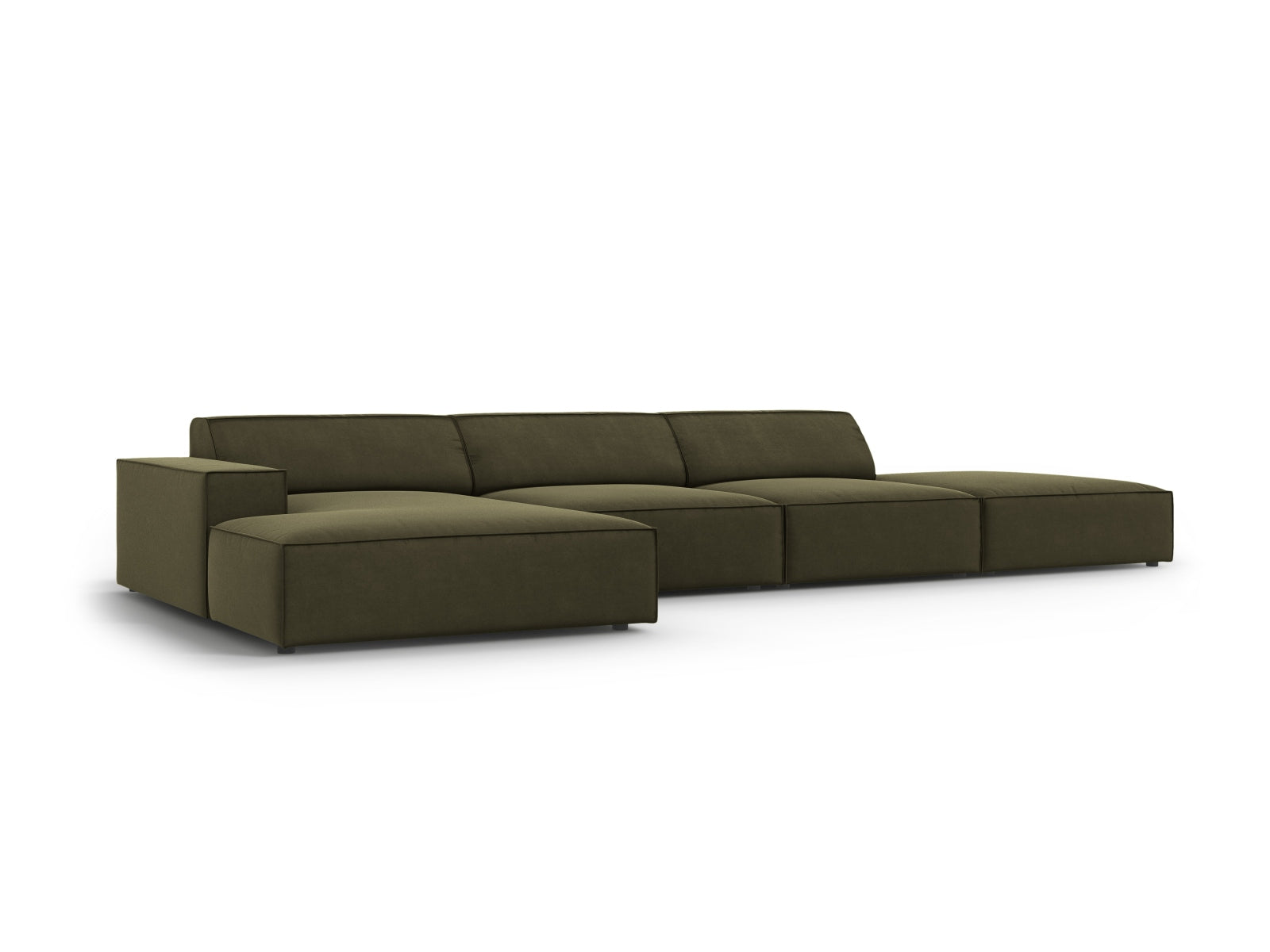 Elegantes, modulares Ecksofa Jodie in hochwertigem Velours, linksseitig, in modernem Green-Bluvel, ideal für gemütliche und stilvolle Wohnräume.