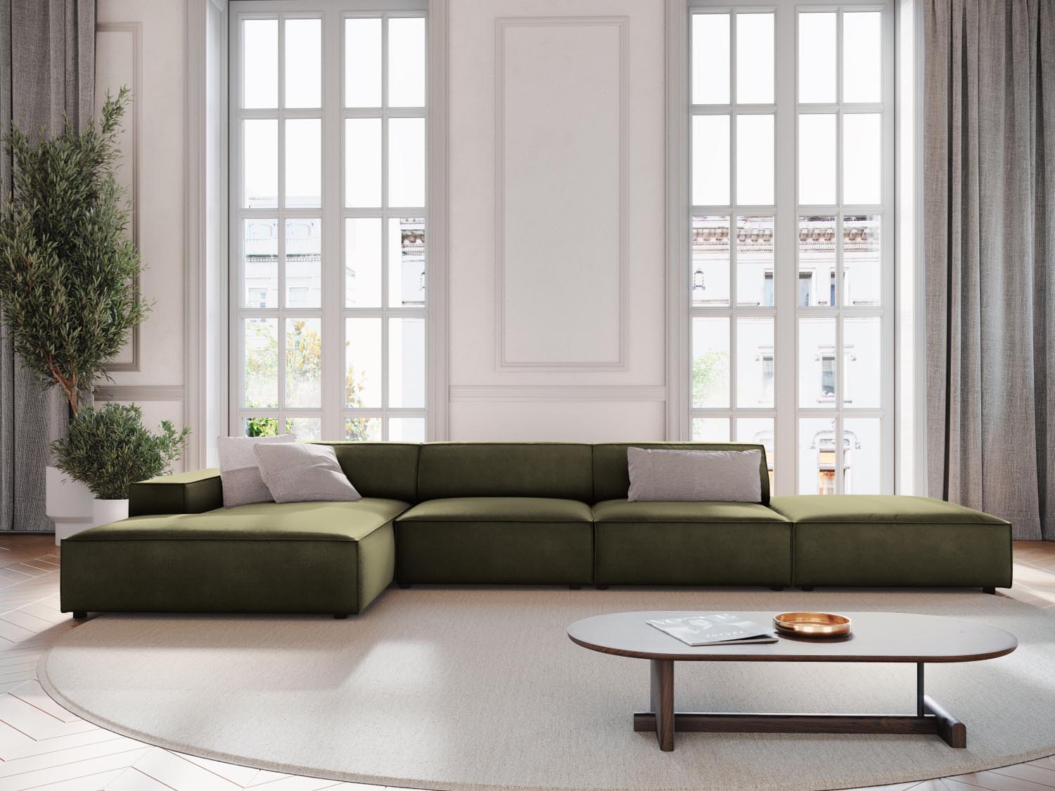 Elegantes, modulares Ecksofa Jodie in Velours, linksseitig, 5-Sitzer in stilvollem Green-Bluvel, ideal für moderne Wohnräume.