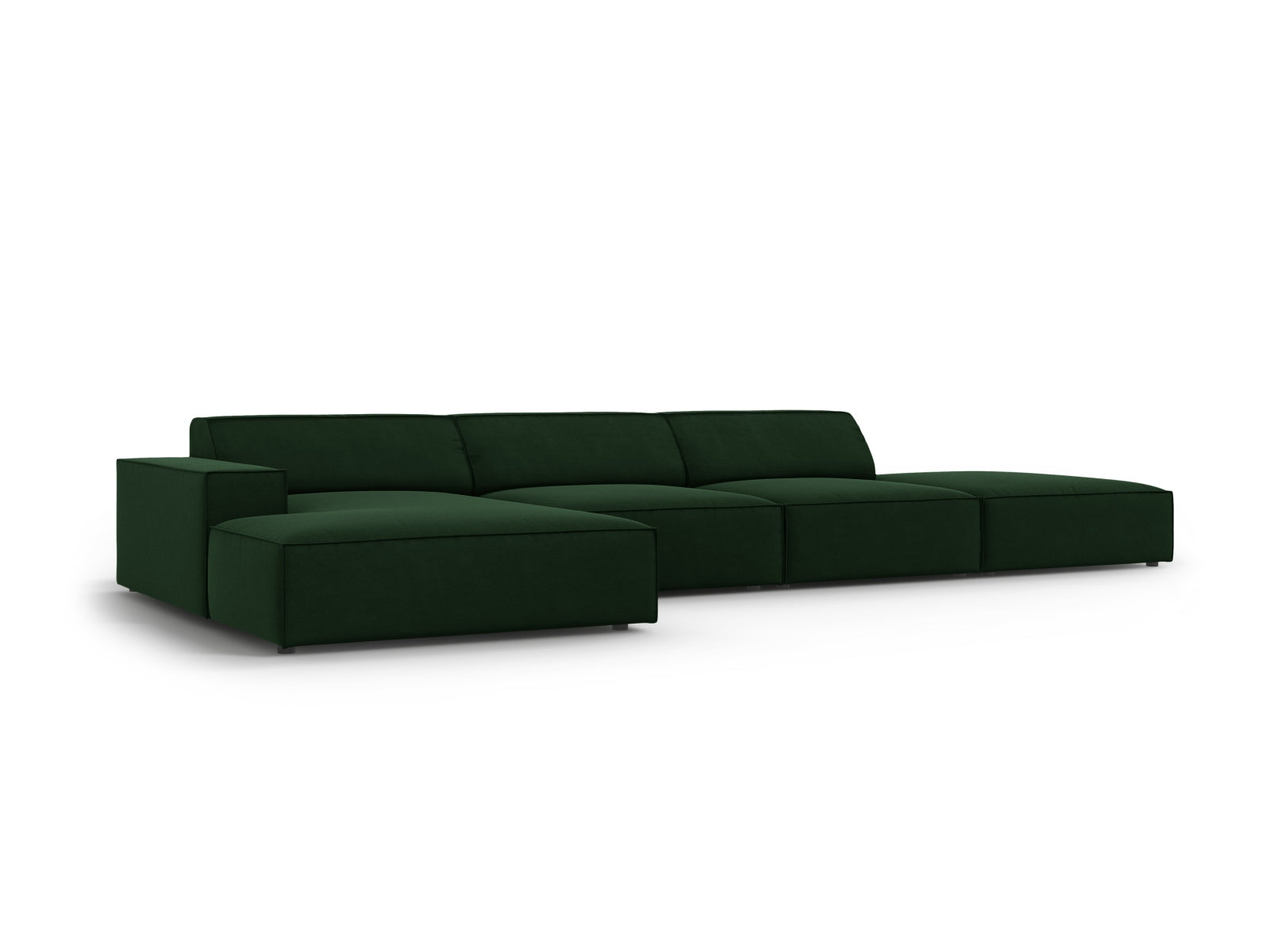 Elegantes, modulares Ecksofa Jodie in luxuriösem Velours, linksseitig, in sattem Bottle Green – ideal für stilvolle Wohnräume.