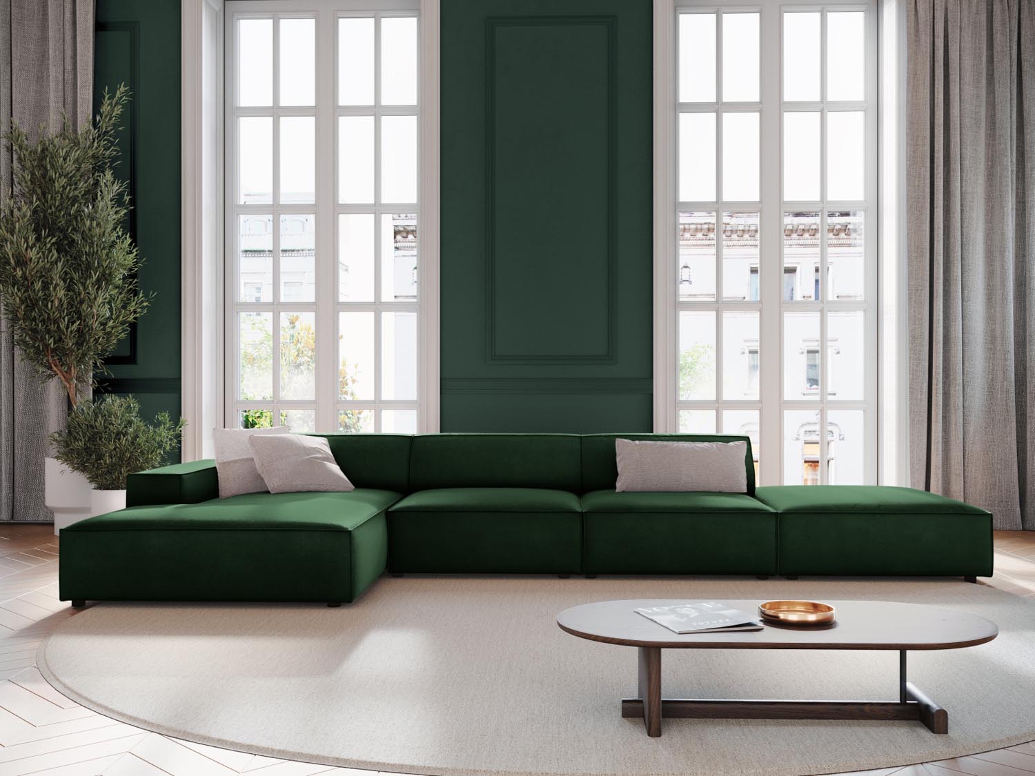 Elegantes, modulares Ecksofa Jodie in luxuriösem Velours, linksseitig, ideal für stilvolle Wohnräume. 5-Sitzer in sattem Bottle Green.