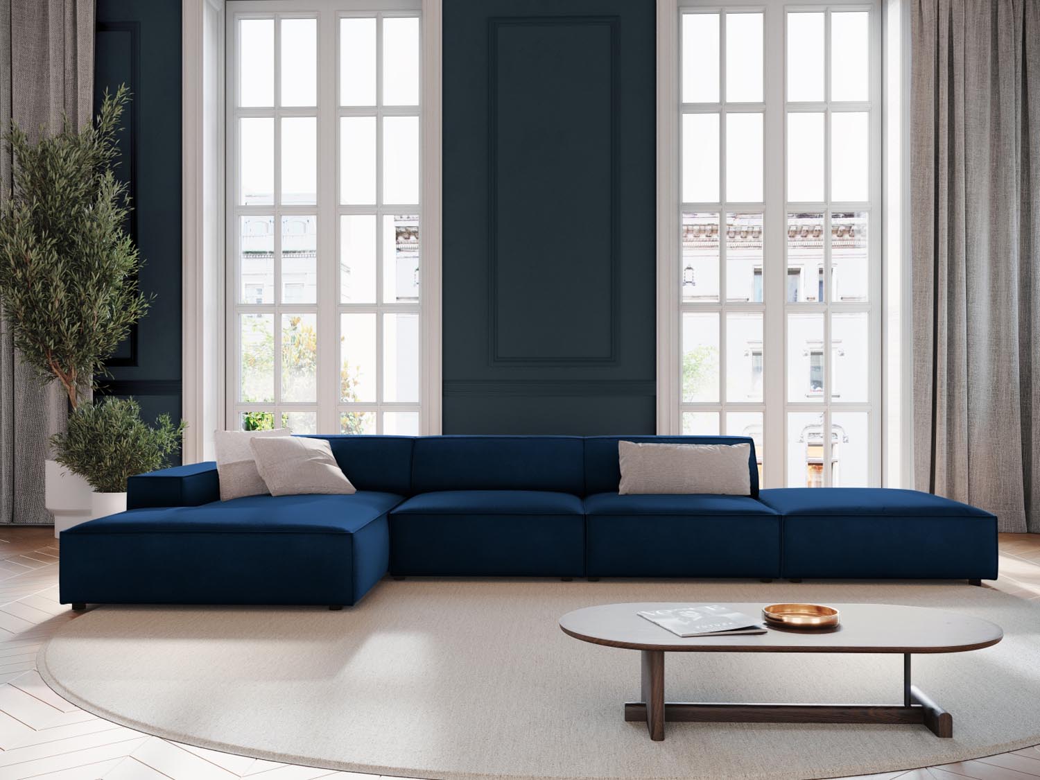 Modulares Ecksofa Jodie von Micadoni, L-Form mit Meridienne links, Polsterstoff, schwarze Beine