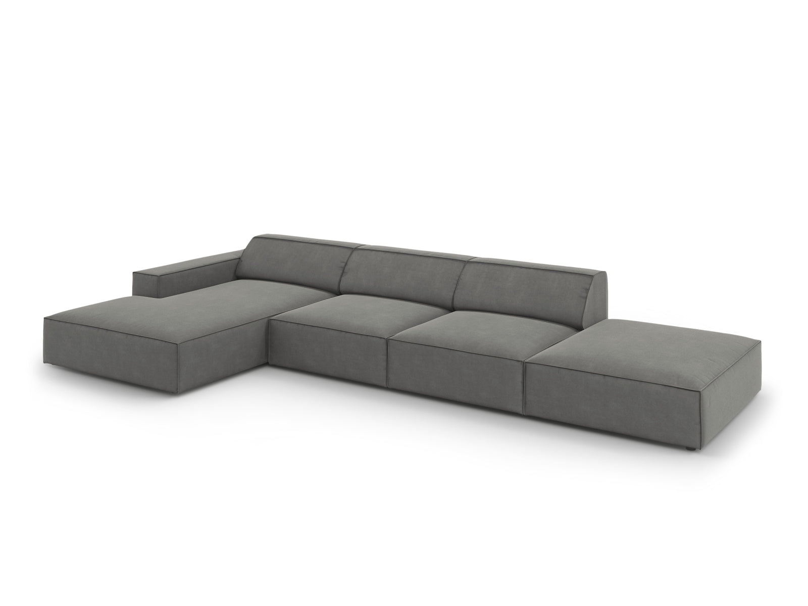 Modulares 5-Sitzer Ecksofa Jodie in weichem Velours, linksseitig, in einem modernen Grau-Blau, perfekt für gemütliche und elegante Wohnambiente.