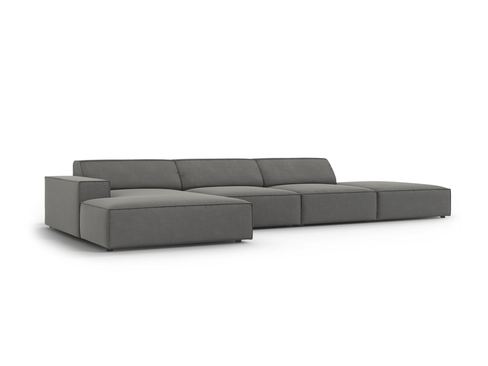 Elegantes, modulares Ecksofa Jodie in luxuriösem Velours, linksseitig, in stilvollem Grau-Blau, ideal für stilvolle Wohnräume.
