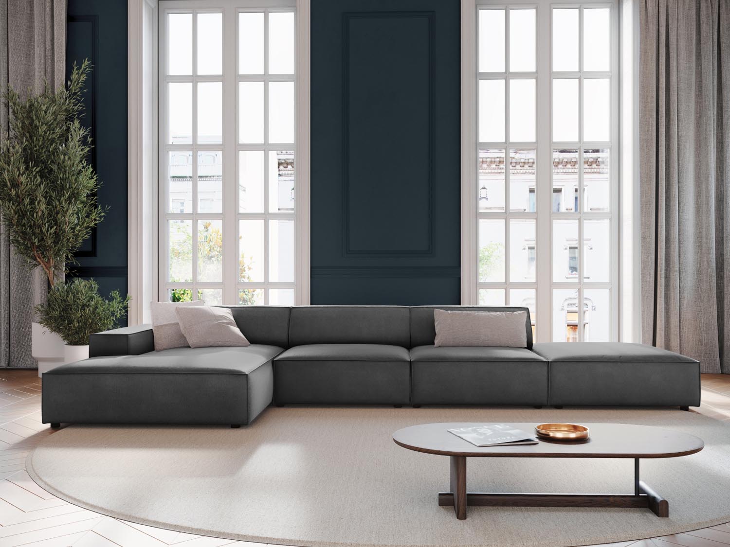 Elegantes Jodie Velour Ecksofa in Grau-Blau, 5-Sitzer, linksseitig, ideal für stilvolle Wohnräume, präsentiert von Micadoni.