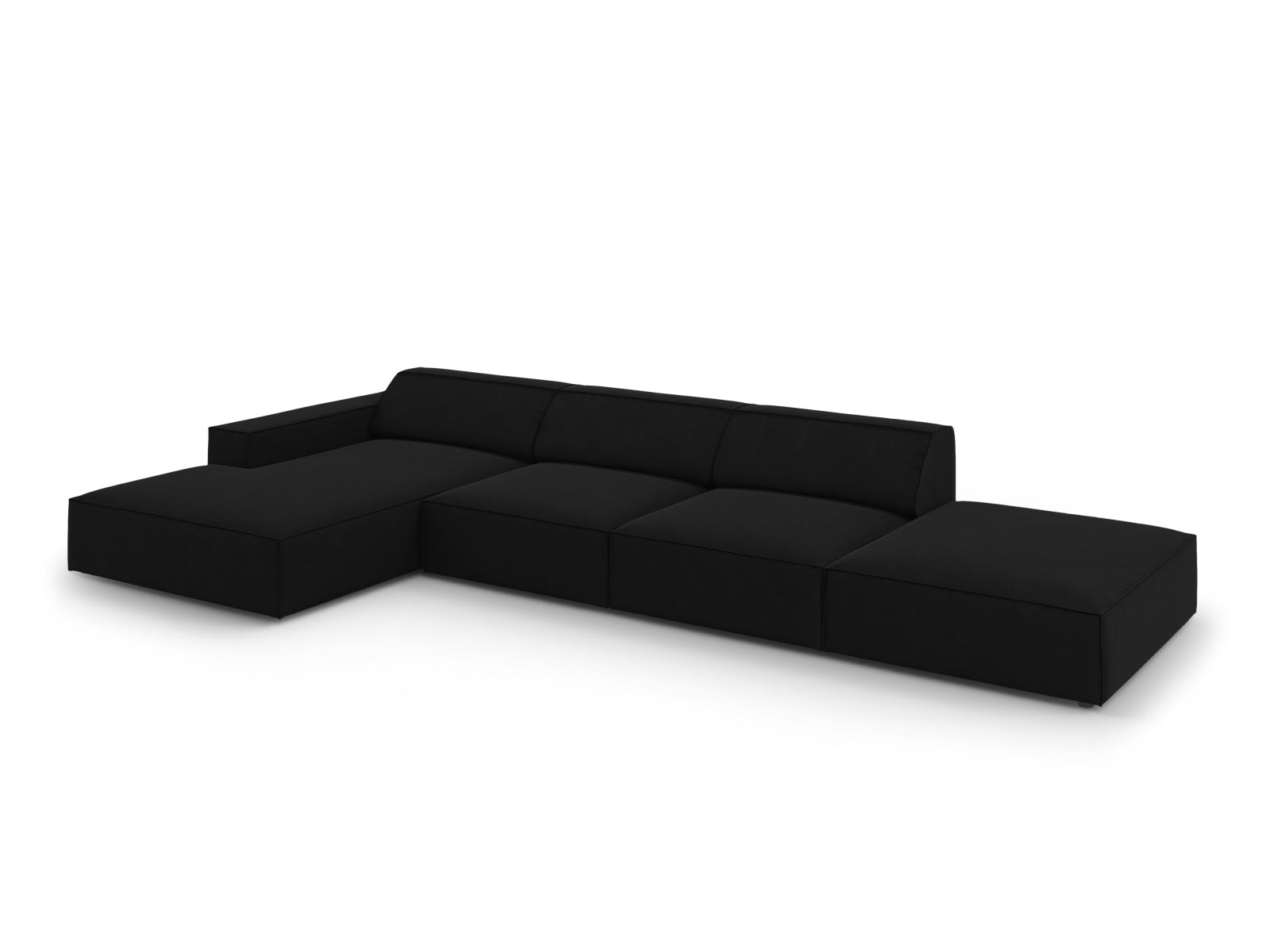 Modulares Jodie Velour Ecksofa in edlem Schwarz-Bluvel, 5-Sitzer, linksseitig, perfekt für moderne und elegante Wohnkonzepte von Micadoni.