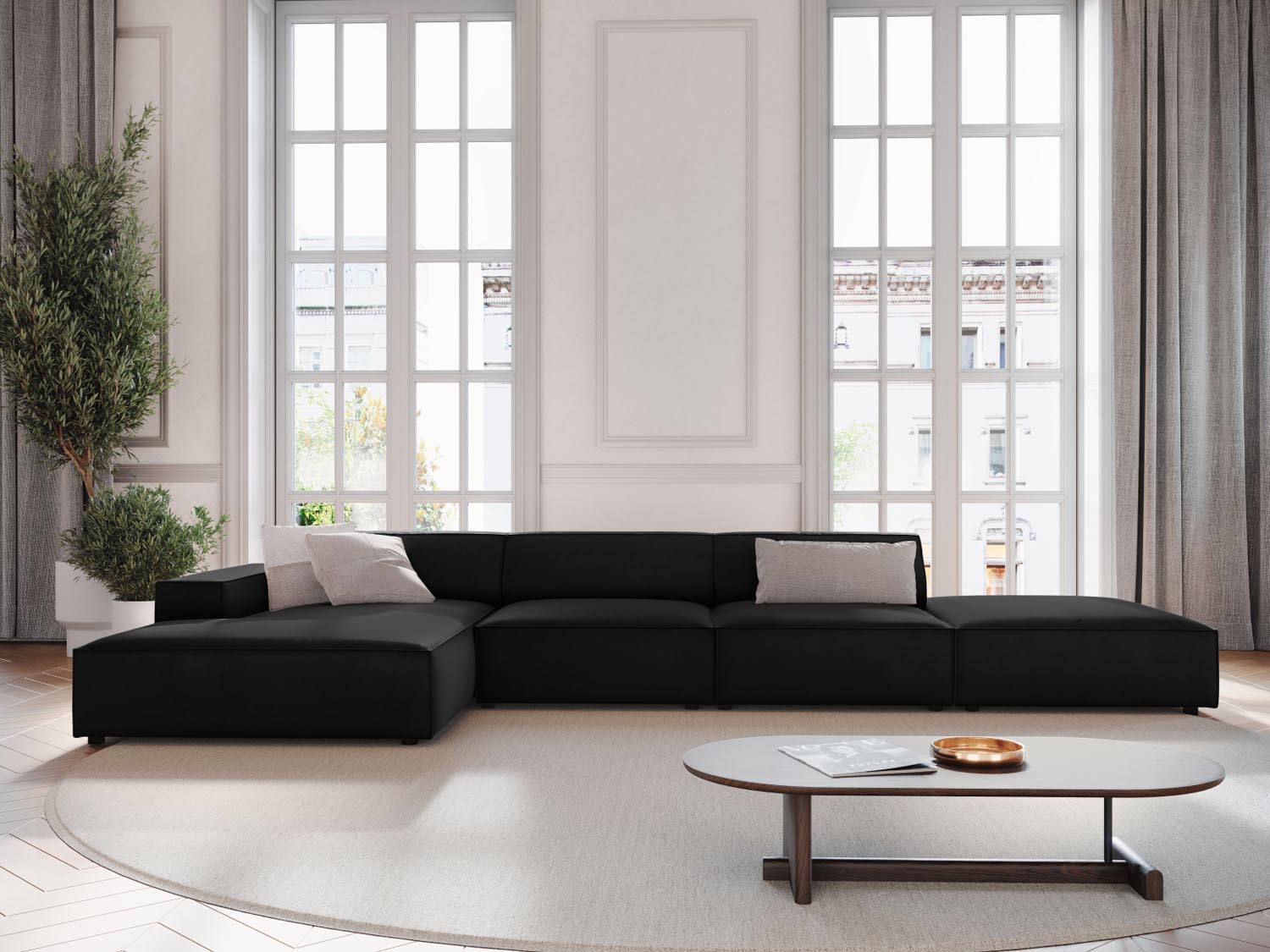 Elegantes Jodie Velour Ecksofa in Schwarz-Bluvel, 5-Sitzer, linksseitig, ideal für stilvolle Wohnräume, präsentiert von Micadoni.