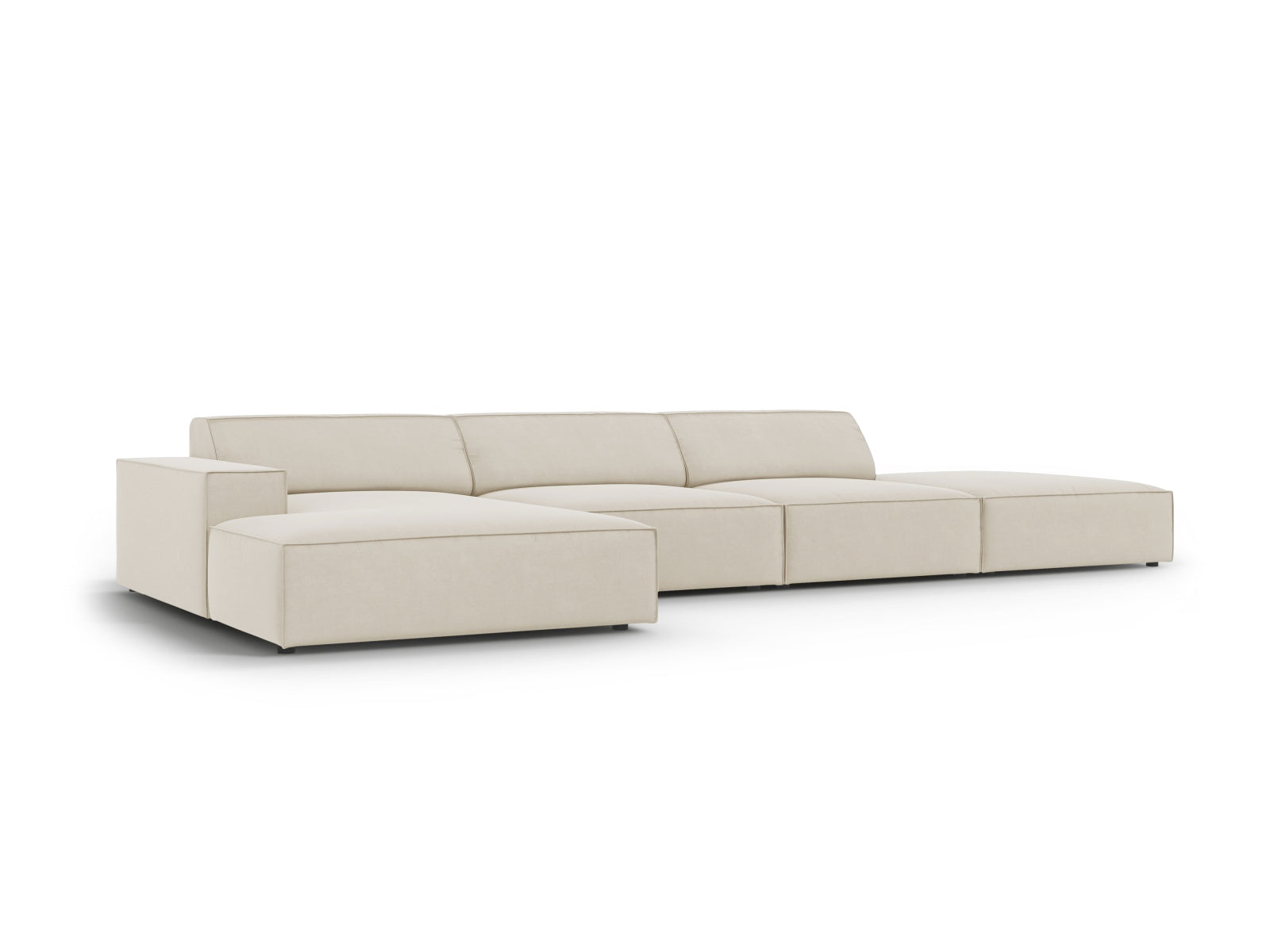 Elegantes Jodie Velour Ecksofa in stilvollem Dunkelbeige, 5-Sitzer, linksseitig, ideal für gemütliche Abende und modernes Wohnen.