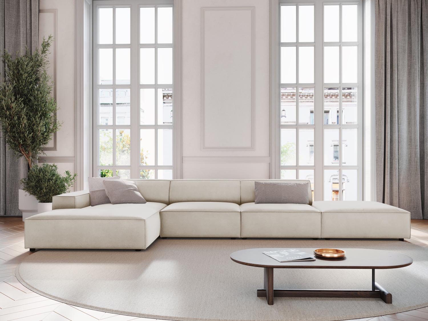Modulares Ecksofa Jodie von Micadoni, L-Form mit Meridienne links, Polsterstoff, schwarze Beine