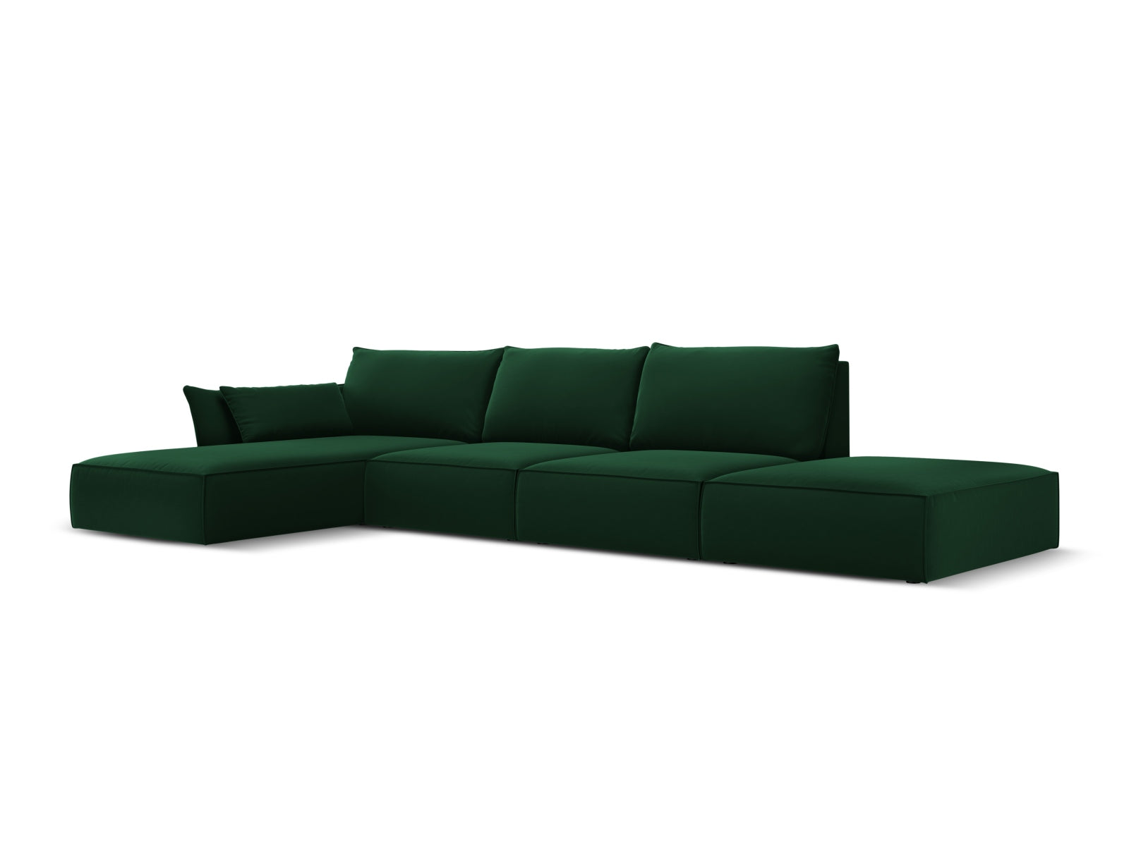 Elegantes Kaelle Velour Ecksofa links in sattem Bottle Green-Bluvel, ideal für stilvolle Wohnräume. 5-Sitzer von Micadoni.