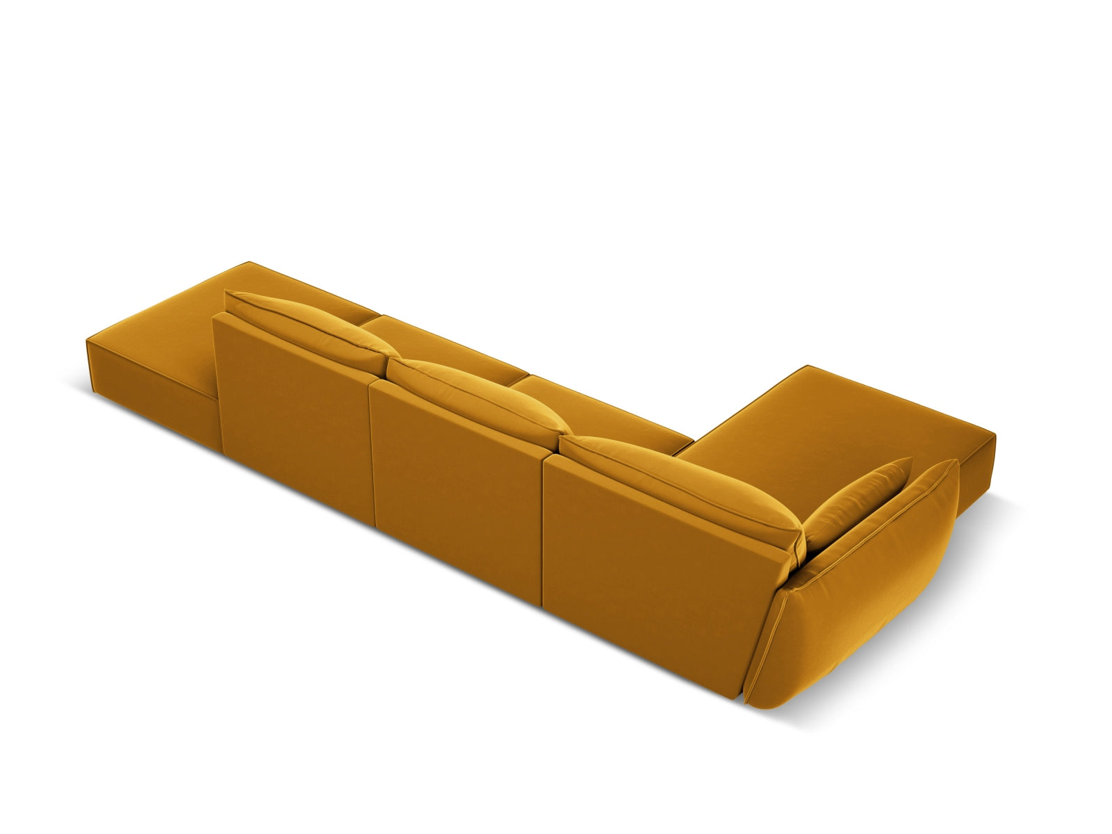Stylisches Kaelle Velour Ecksofa in Gelb-Blau, 5-Sitzer, linksseitig, perfekt für moderne Wohnkonzepte und gemütliche Abende.