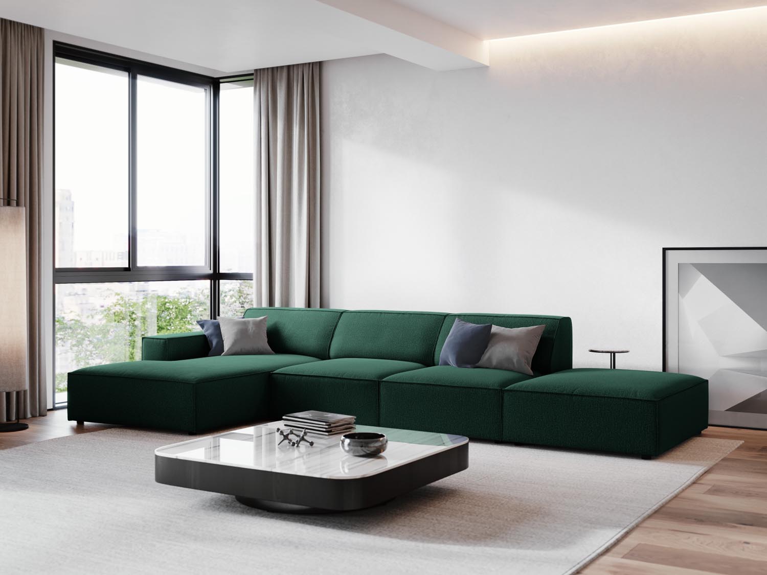Elegantes, modulares Ecksofa Jodie in stilvollem Grün, ideal für moderne Wohnräume. Komfortables 5-Sitzer-Design von Micadoni.