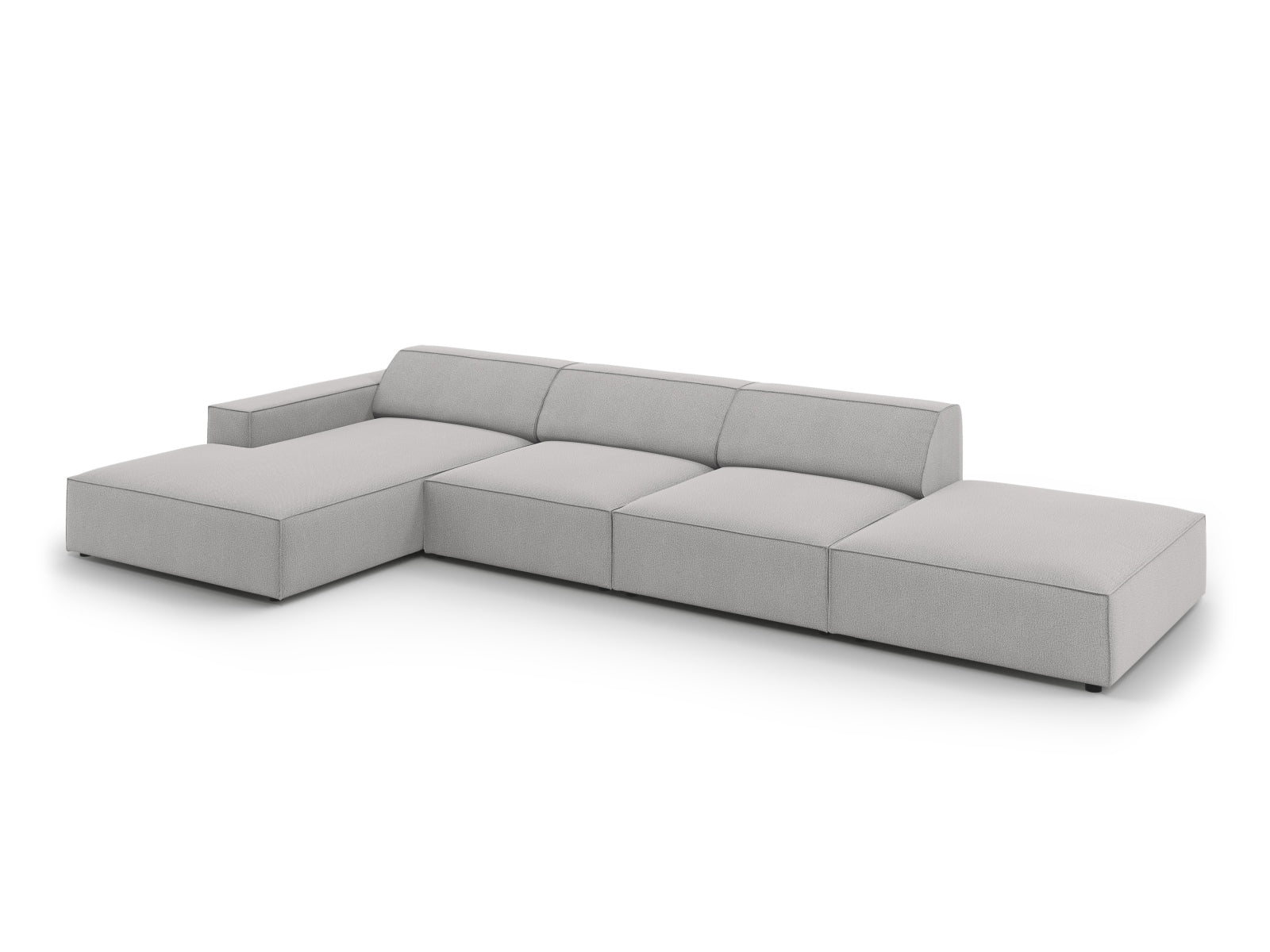 Elegantes, modulares L-Sofa Jodie in sanftem Grau, perfekt für stilvolle Wohnzimmer. Geräumiges 5-Sitzer-Design von Micadoni.